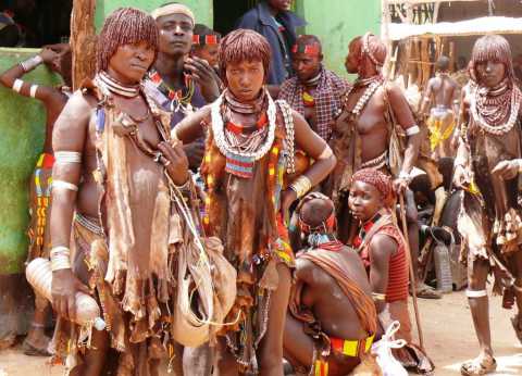 Groupe de femmes Hamer parées de leurs bijoux de perles et coquillages au marché de Turmi  (Ethiopie)