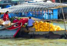 Vietnam delta Mékong fleuve eaux bateaux VenSông Lodge guesthouse densité commerce Des barques surchargées échangent des tonnes de marchandises dès le petit matin