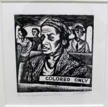 color line musée quai Branly Etats-Unis ségrégation racisme Linogravue (gravure sur linoléum) de 1946 d'une artiste africaine-américaine, Elisabeth Catlett, "I have special reservations" (j'ai des réservations spéciales") 